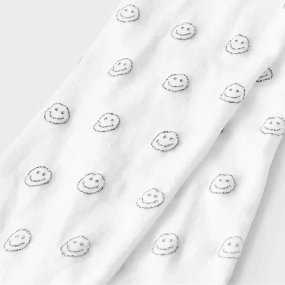2 Pairs Cat & Jack Kids White Tights Silver Glitter Smiley Face Size 7-10 NWT